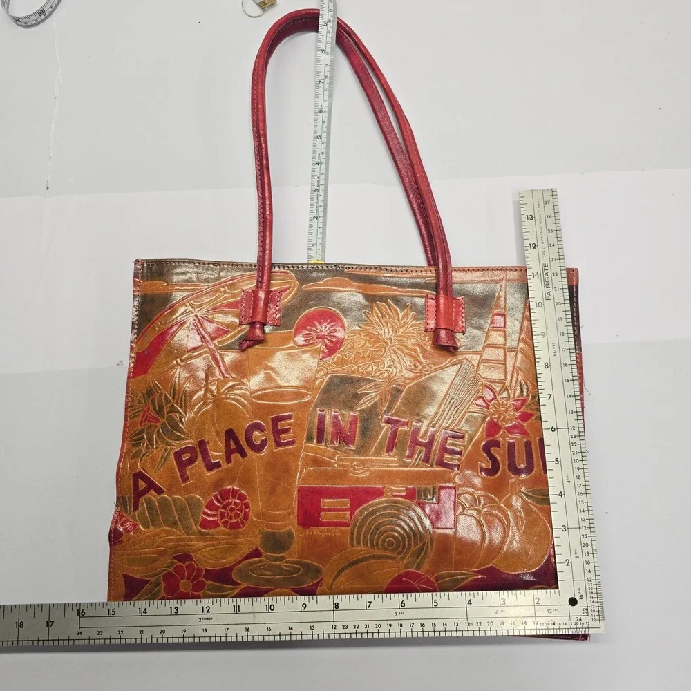 A Place In The Sun Genuine‎ Leather Embossed Tote Bag Red Brown Made in India